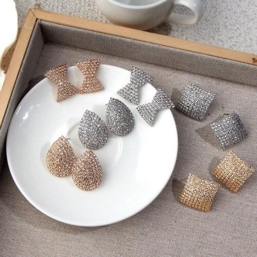 Flatfoosie Luxury Crystal Stud Earrings For Women Girl Geometric Shiny Gold Silver Color Statement Earrings 2020 Fashion Jewelry