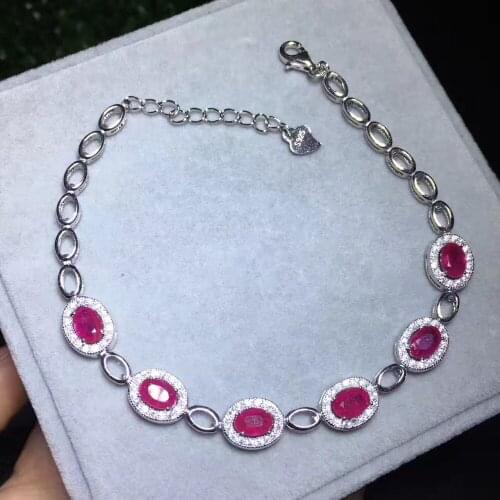Natural red Ruby gem Bracelet Natural gemstone Bracelet 925 silver bracelet Female Fashion round Engagement fine Jewelery Gift