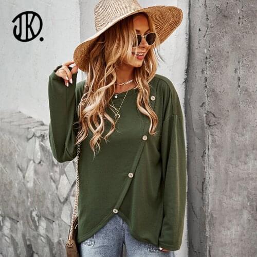 Autumn Knitted Pullover Women Irregular Button Up Top Casual Round Neck T Shirt Spring Long Sleeve Loose Outwear Women Knitwears