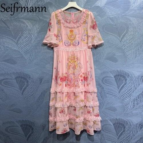 Seifrmann New 2021 Summer Women Fashion Runway Party Midi Dress Flare Sleeve Lace Ruffles High Waist Vintage Print A-Line Dress