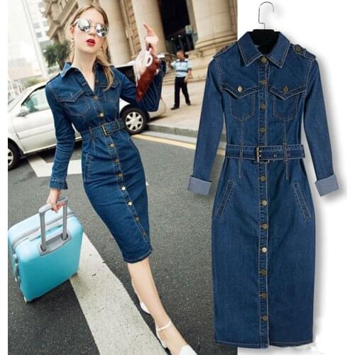 ZOGAA Jeans Dresses Women Denim Daily Slim Long Sleeve Belt Knee-Length Solid Office Lady Large Size Elegant Fashion Casual Chic