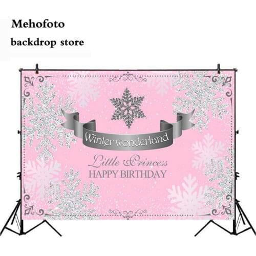 MEHOFOTO Winter Wonderland Little Princess Photo Background Happy Birthday Party Decoration Pink Backdrop White Snowflake 177