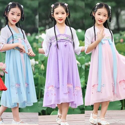 Girls Hanfu Chinese Ancient Fairy Elegant Costume Childrens Chiffon Dress Kids Tang Dynasty Folk Dance Stage Outfit DNV11947