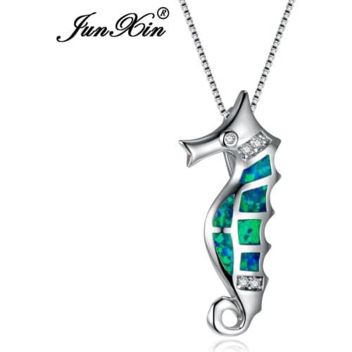 JUNXIN Lovely High Quality Silver Color Animal Choker Blue/White Fire Opal Hippocampus Pendant Necklaces For Women