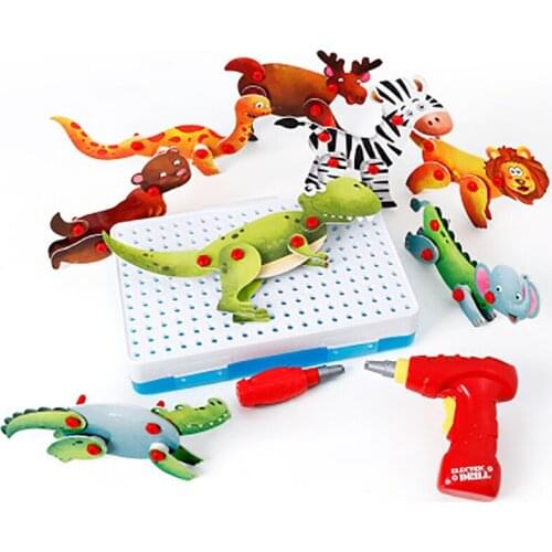 Animal building block model DIY electric drill screw assembly pretend play house toy boy child tool toy puzzle game toy dinosaur