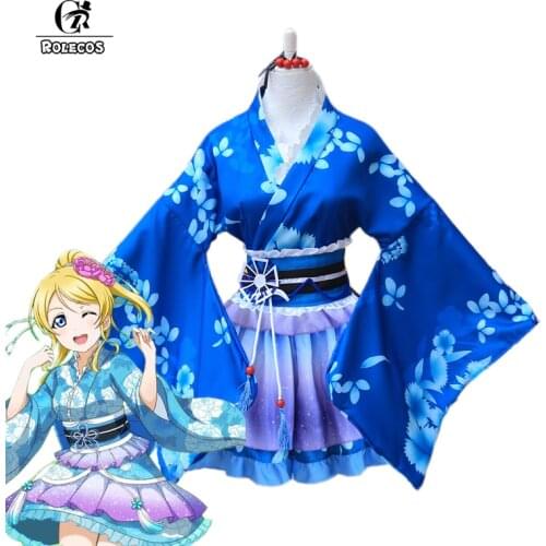 ROLECOS Anime Love Live Cosplay Costumes Eli Ayase Kimono Cosplay Costumes Love Live Yukata Blue Kimono Cosplay