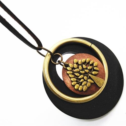 Round Circle Tree Ethnic Wood Long Vintage Charms Bronze Pendants Leather Necklace Women Sweater Chain Female Men Jewelry