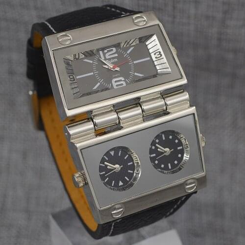 OULM Brand Big Dial Multiple 3 Time Zone Army Big Head Business Genuine Leather Band Classic Wrist Mens Quartz Watch Xmas New