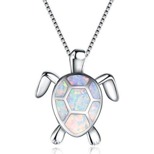 Cute Female Blue White Green Opal Necklace Charm Silver Color Wedding Necklace Trendy Long Turtle Pendants Necklaces For Women