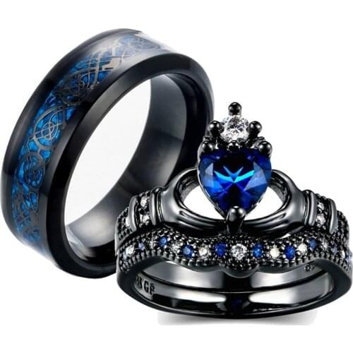 Couple Gift - Geometric Blue Zircon Mens Rings Set For Female Male Jewelry Bridal Wedding Engagement