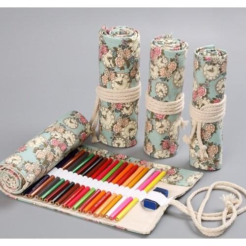 Rose & Clock Roll Up Pencil Bag Wrap 36/48/72 Slot Canvas Storage Pen Pouch for Brush Marker Stationery School Supplies F756