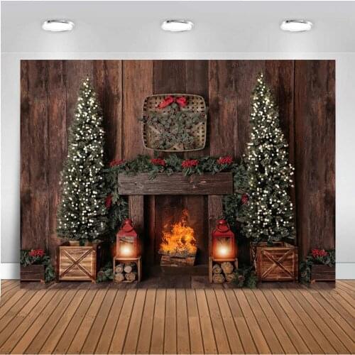 Merry Christmas Background for Photography Christmas Tree Fireplace Vintage Wooden Wall Wreath Christmas Backdrop Photo Studio