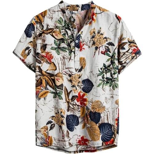 Ethnic Shirt Vintage Cotton Linen Short Sleeve Casual Shirts Mens Hawaiian Vacation Leaf Floral Printed Blouse Camisa Masculina