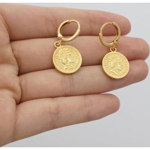 Brass With 18k Gold Retro Queen Coin Drop Earrings Women Jewelry Party T Show Gown Runway Rare Korean Japan Trendy INS