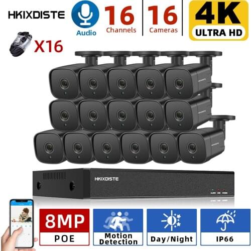 16CH 4K POE NVR 8/16Pcs 4K 8MP POE IP Camera 4K NVR Kit Security System Audio Night Vision Onvif H.265 8MP P2P Waterproof Camera