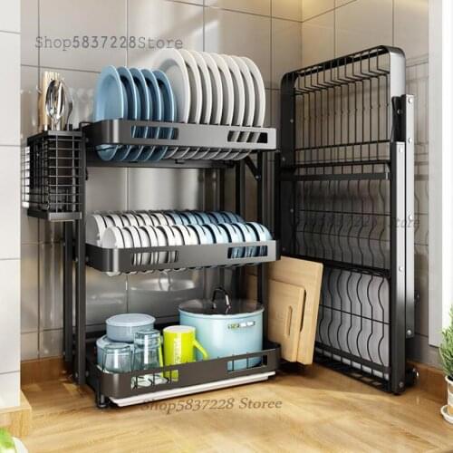Installation-free foldable kitchen shelf drain rack dishes and chopsticks storage box wall hanging free perforated dish rack