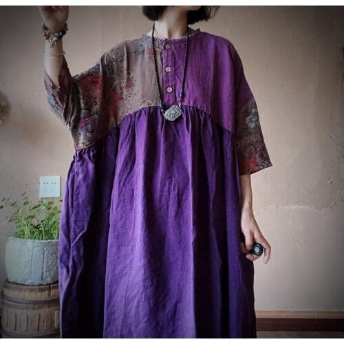 2020 washed linen patchwork loose dress 1687 purple 202005004