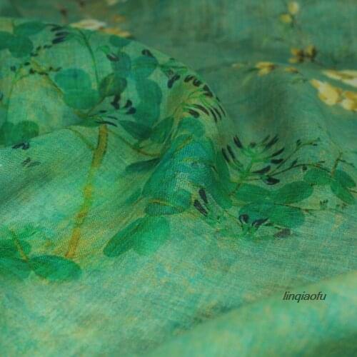 Original design light green background flowers pure ramie printed garment fabric