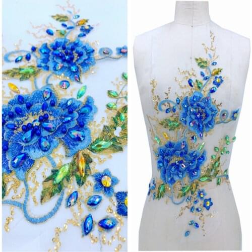 Three-dimensional multicolor lace applique with handsewing beads rhinestones trimming patches 45*27cm for dress accessory