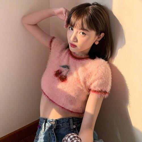 Cropped Knit Cherry Sweater T-shirt Women Round Neck Short Sleeve Cute Tee Pink Sweet All-match Tops Spring Autumn New Arrivals