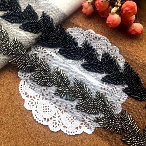 2.5cm Width leaf Vintage Beaded Lace Trim Mesh Fabric Paillette Lace Beaded Pearl Trims Ribbon Braid Lace Appliques