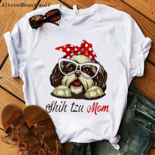 Shih Tzu Mom T-shirt Women Harajuku Bandana print mama Fashion Cartoon Tshirt Funny Graphic O-Neck Clothes Short Sleeve Tee Tops