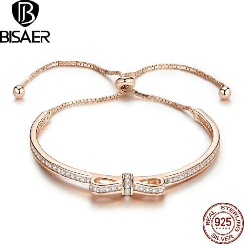 Bowknot Bracelets BISAER 925 Sterling Silver Cubic Zircon Bowknot Women chain Tennis Bracelets for Women Silver Jewelry ECB108