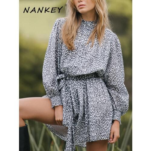 NANKEY Woman Dress Deep Grey Leopard Romantic Mini Dress Classic High Neckline Blouson Sleeves Causual Dress Print Ruffles Dress
