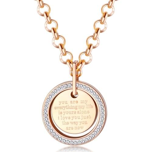 Rose Gold Women Necklace Round Cubic Zirconia Pendant Stainless Steel Promise Love Necklaces For Valentines Day Anniversary