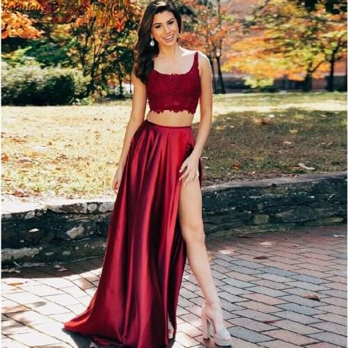 Burgundy Two Pieces Long Prom Dresses Backless Slit A Line 2020 Evening Dress Party For Women Applique Lace Vestido De Fiesta