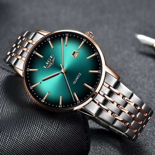 2020 LIGE New Casual Green Dial Mens Watches Top Brand Luxury Gold Quartz Watch For Man Steel Mesh Belt Sport Waterproof Clock