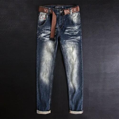 Italian Style Fashion Men Jeans Retro Blue Plain Wash Elastic Slim Ripped Jeans Men Vintage Designer Casual Cotton Denim Pants