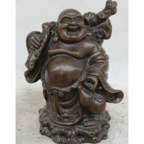 Fast shipping USPS to USA S2083 7" Chinese Buddhism Bronze cucurbit moneybag Happy Laugh Maitreya Buddha Statue