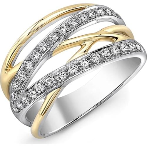 Huitan Novel Gold Color with Silver Color Cross Ring Dazzling Cubic Zircon Stone High Quality Delicate Women Rings for Paty
