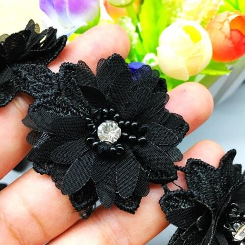 1 Yd 3D Diamond Black Flower Beaded Chiffon Lace Fabric Trim Wedding Embroidered Applique DIY Handmade Patchwork Ribbon Sewing