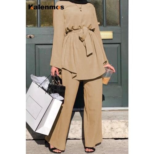 Turkey Two Piece Sets Tops Pants Women Dubai Muslim Abaya Lace-up outfits Kaftan Islamic Clothing musulman ensembles Dress suits