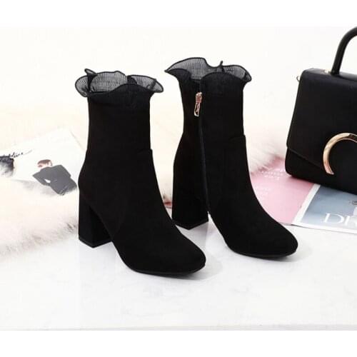 Ankle Boots For Women Autumn Winter Thick Heel Zipper Female Wedding Party Lace Boots Botas Mujer High-heel Quality Shoes 902-4a