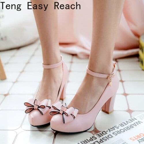 2021 Spring Summer Sweet Bow Buckle Strap Butterfly-knot Mary Jane Pumps Ladies 8cm Heel Pink Lolita Shoes New Size 34-43