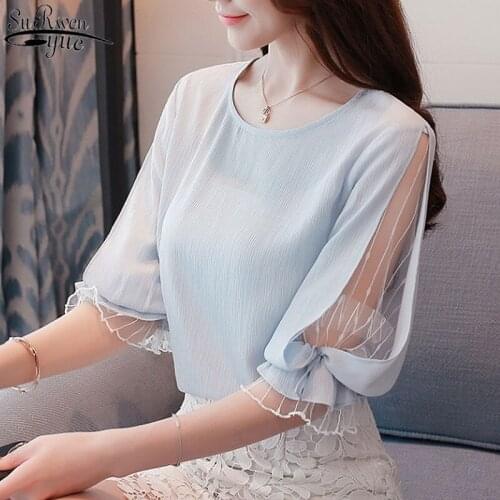 2021 Fashion Chiffon Womens Clothing Summer Half Sleeve Light Blue Women Shirt Blouse Sweet O-neck Womens Tops Blusas D740 30