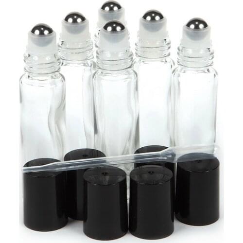 6pcs 10ml Clear Glass Roll On Bottle Empty Portable Refillable Stainless Steel Roller Ball Essential Oil Bottles Perfume