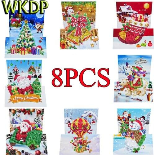 8pcs 5D DIY Diamond Painting Embroidery Kits Mosaic Rhinestones Santa Snowman Ringbell Greeting Card Christmas New Year Gift
