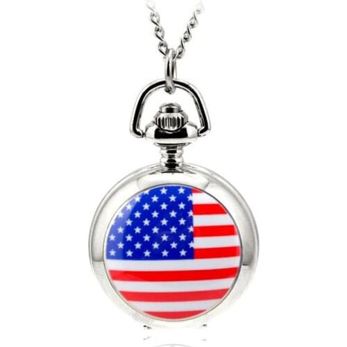 80cm Chain Antique Retro Steampunk Bronze Hollow Quartz Pocket Watch Necklace Pendant Sweater Chain Women Gifts America Flag