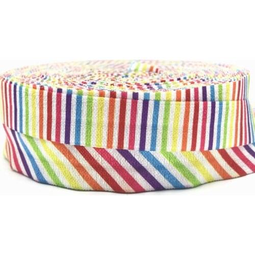 Candy Rainbow Striped Prnt Fold Over Elastic for Baby Headbands 10 Yards of 5/8'' FOE Holiday Party Gift Decoration Wholesale