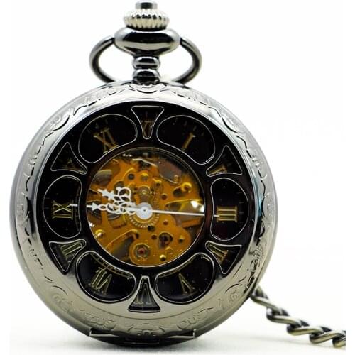 Men Pocket Watch Mechanical Stylish Women Black Pendant Prague Wind up Skeleton Christmas Nurse Watches