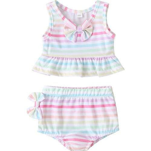 Baby Girl Sets Cotton 2PCS Split Swimsuit Bow Color Stripes Ruffle Summer Baby Swimming Supplies Sandy Beach Bikini Bathing