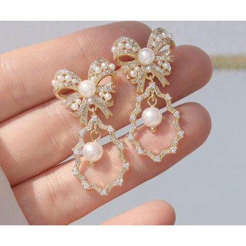 Korean hot fashion jewelry 14K real gold plated copper inlaid AAA zircon earrings elegant bow womens wedding party earrings