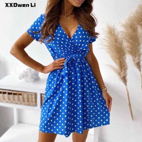 Summer Dot Print Belt Mini Dress for Women 2021 Sexy V-Neck Short Sleeve Dresses Woman Elegant blue Beach Vacation robe femme