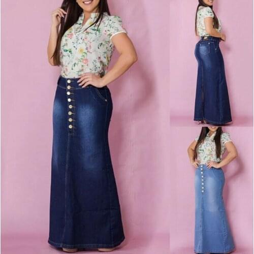 Maxi Dress Womens High Waist Button Denim Jeans Skirt Ladies Bodycon Pencil Long