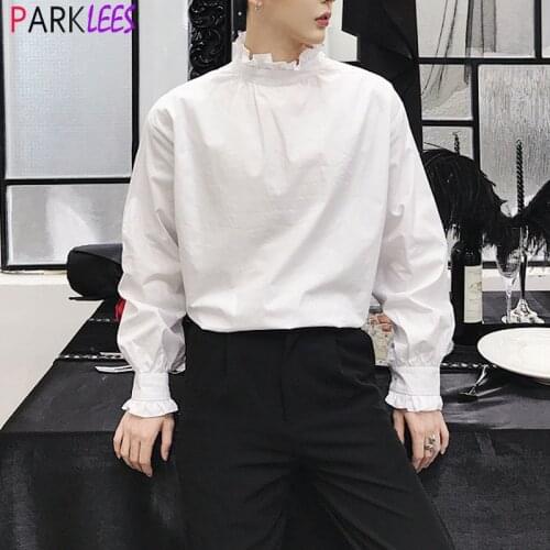 Fashion Ruffle Collar Mens Steampunk Shirt Solid Color Loose Casual Pullover Shirts Mens Party Evening Punk Gothic Chemise Homme