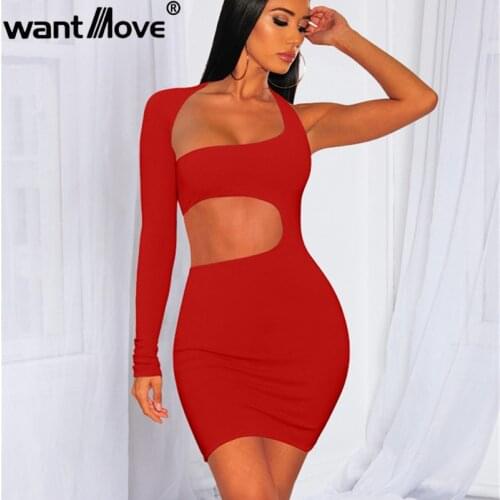 2021 New Women Mini Dress Wantmove Sexy Wrapped Chest One Shoulder Right Sleeve Bust Hollow Out Solid Evening Mini Dress AM433